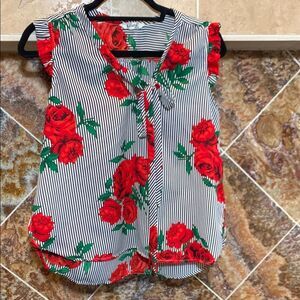 Hint of Blush Red Rose Green Leaf Striped Ruffle Cap Sleeve Front Tie Blouse Med